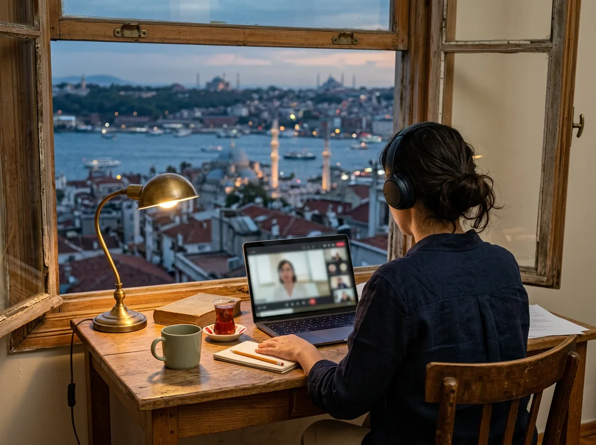 Evden pencere kenarında kulaklıkla online İngilizce dersine katılan bir öğrenci, arkadan görünüyor.